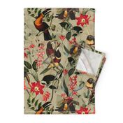 vintage tropical antique exotic toucan birds, green Leaves and  nostalgic colorful exotic flowers, toucan bird, -sage green Fabric, double layer