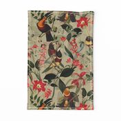 vintage tropical antique exotic toucan birds, green Leaves and  nostalgic colorful exotic flowers, toucan bird, -sage green Fabric, double layer