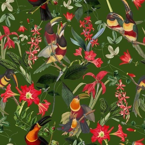vintage tropical antique exotic toucan birds, green Leaves and  nostalgic colorful exotic flowers, toucan bird, -green Fabric