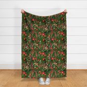 vintage tropical antique exotic toucan birds, green Leaves and  nostalgic colorful exotic flowers, toucan bird, - green  double layer Fabric