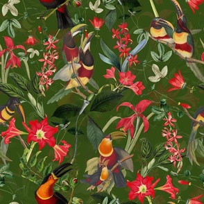 vintage tropical antique exotic toucan birds, green Leaves and  nostalgic colorful exotic flowers, toucan bird, - green  double layer Fabric