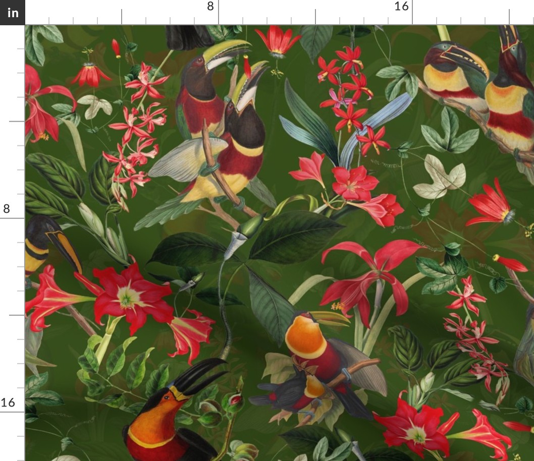 vintage tropical antique exotic toucan birds, green Leaves and  nostalgic colorful exotic flowers, toucan bird, - green  double layer Fabric