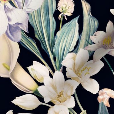 vintage white tropical antique magnolia flowers, exotic blossoms, green palm leaves,black 