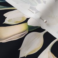 vintage white tropical antique magnolia flowers, exotic blossoms, green palm leaves,black 