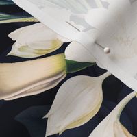 vintage white tropical antique magnolia flowers, exotic blossoms, green palm leaves,black double layer