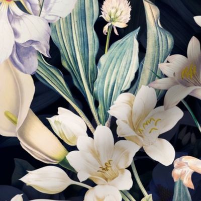 vintage white tropical antique magnolia flowers, exotic blossoms, green palm leaves,black double layer