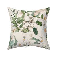 vintage white tropical antique magnolia flowers, exotic blossoms, green palm leaves,blush