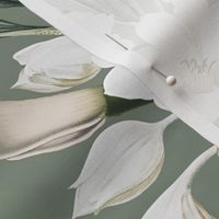 vintage white tropical antique magnolia flowers, exotic blossoms, green palm leaves,dark gray