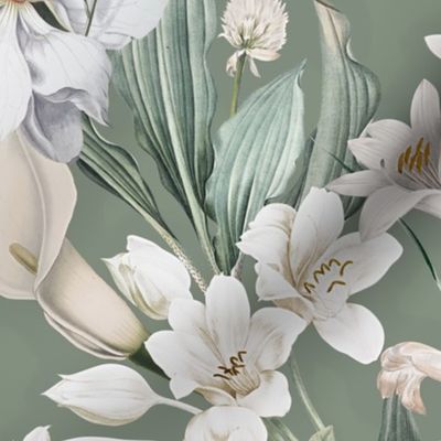 vintage white tropical antique magnolia flowers, exotic blossoms, green palm leaves,dark gray