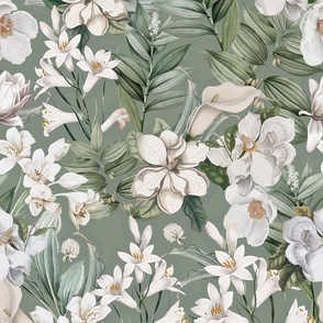 vintage white tropical antique magnolia flowers, exotic blossoms, green palm leaves,dark gray