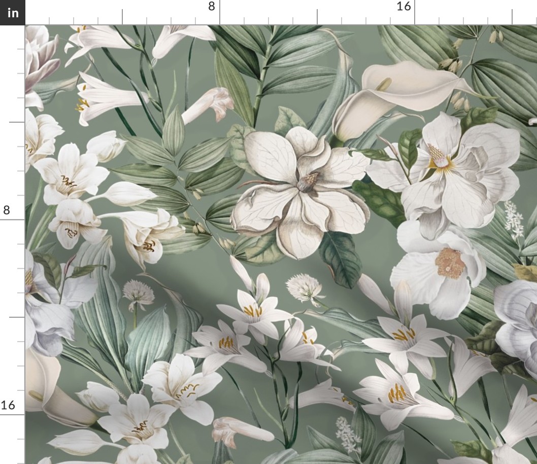 vintage white tropical antique magnolia flowers, exotic blossoms, green palm leaves,dark gray