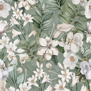 vintage white tropical antique magnolia flowers, exotic blossoms, green palm leaves,gray double layer