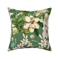 vintage white tropical antique magnolia flowers, exotic blossoms, green palm leaves,green