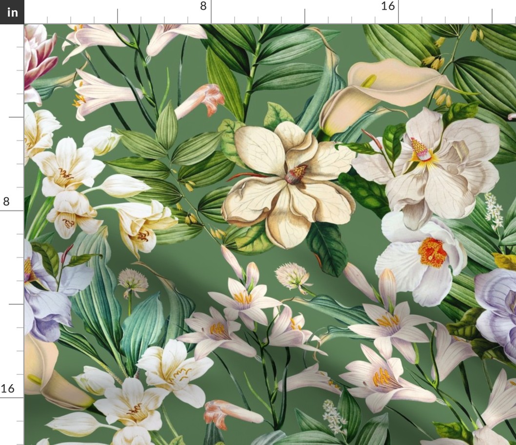 vintage white tropical antique magnolia flowers, exotic blossoms, green palm leaves,green