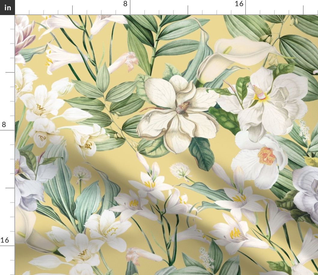 vintage white tropical antique magnolia flowers, exotic blossoms, green palm leaves,yellow