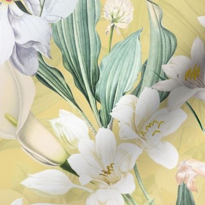 vintage white tropical antique magnolia flowers, exotic blossoms, green palm leaves, yellow double layer