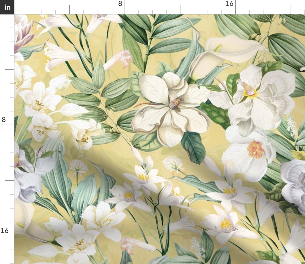 vintage white tropical antique magnolia flowers, exotic blossoms, green palm leaves, yellow double layer