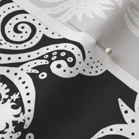 Crowned Tiger King Damask Reimagined  - White and Dark Gray - Large Scale