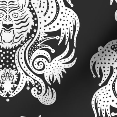 Crowned Tiger King Damask Reimagined  - White and Dark Gray - Large Scale