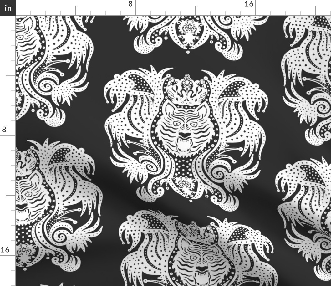 Crowned Tiger King Damask Reimagined  - White and Dark Gray - Large Scale