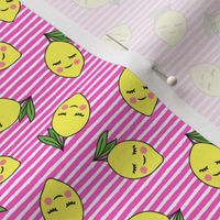 (small scale) happy lemons - hot pink on stripes - C22