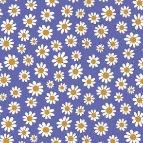 Joyful White Daisies - Ditsy Scale - Periwinkle Very Peri background Retro Vintage Flowers Floral