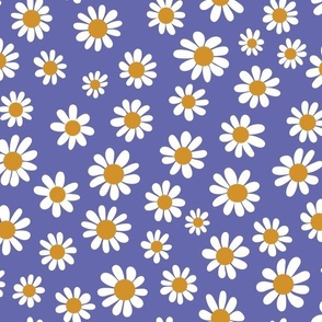 Joyful White Daisies - Medium Scale - Periwinkle Very Peri background Retro Vintage Flowers Floral