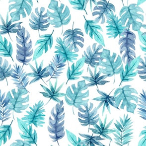 Watercolor Tropical Leaves Blue Green 