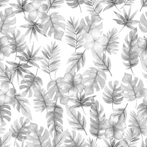 Gray Watercolor Floral Tropical Leaves 