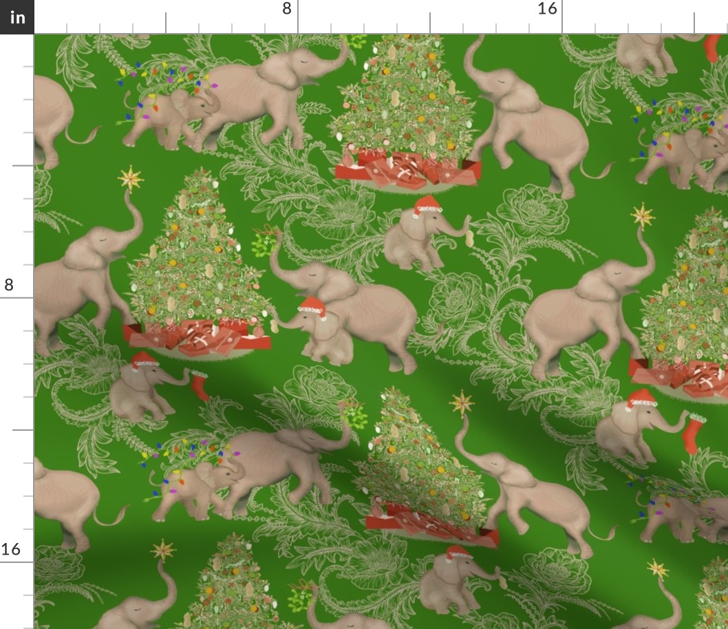 SMALL TOILE PACHYDERM HOLIDAY GREEN