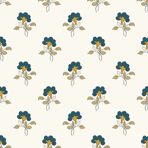 Bespoke floral, vintage style floral, blue hand drawn flowers on creamy white background LARGE Terri-Conrad-Designs copy