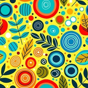 Fun.  Multicolored circles and leaves on a yellow background.