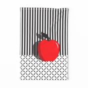 Red Pop Art Apple on black and white stripes and pattern
