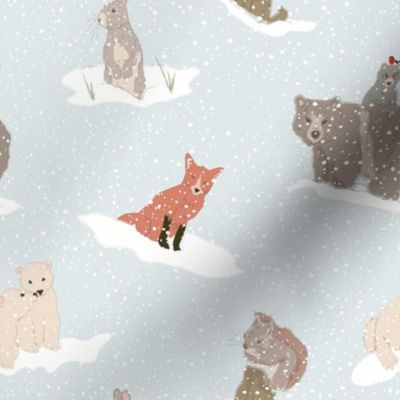 snow Christmas animals  fabric | fox, rabbit,  polar bear, brown bear, red squirrel 