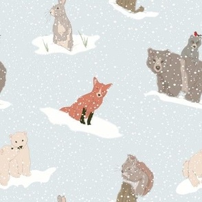 snow Christmas animals  fabric | fox, rabbit,  polar bear, brown bear, red squirrel 