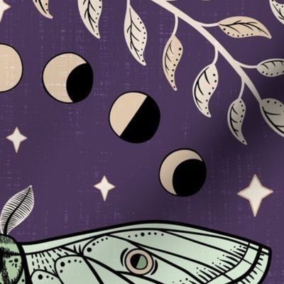 Luna Moths Damask with moon phases - Royal purple - large