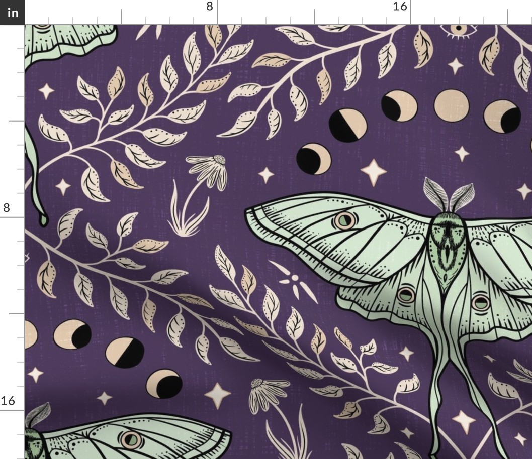 Luna Moths Damask with moon phases - Royal purple - large