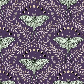 Luna Moths Damask with moon phases - Royal purple - medium