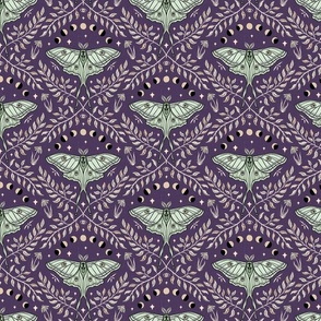 Luna Moths Damask with moon phases - Royal purple - small