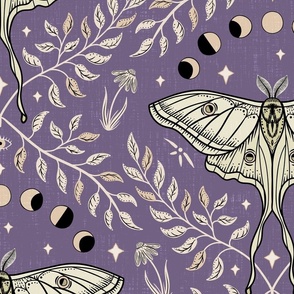 Luna Moths Damask with moon phases - Vintage Lavender purple - large