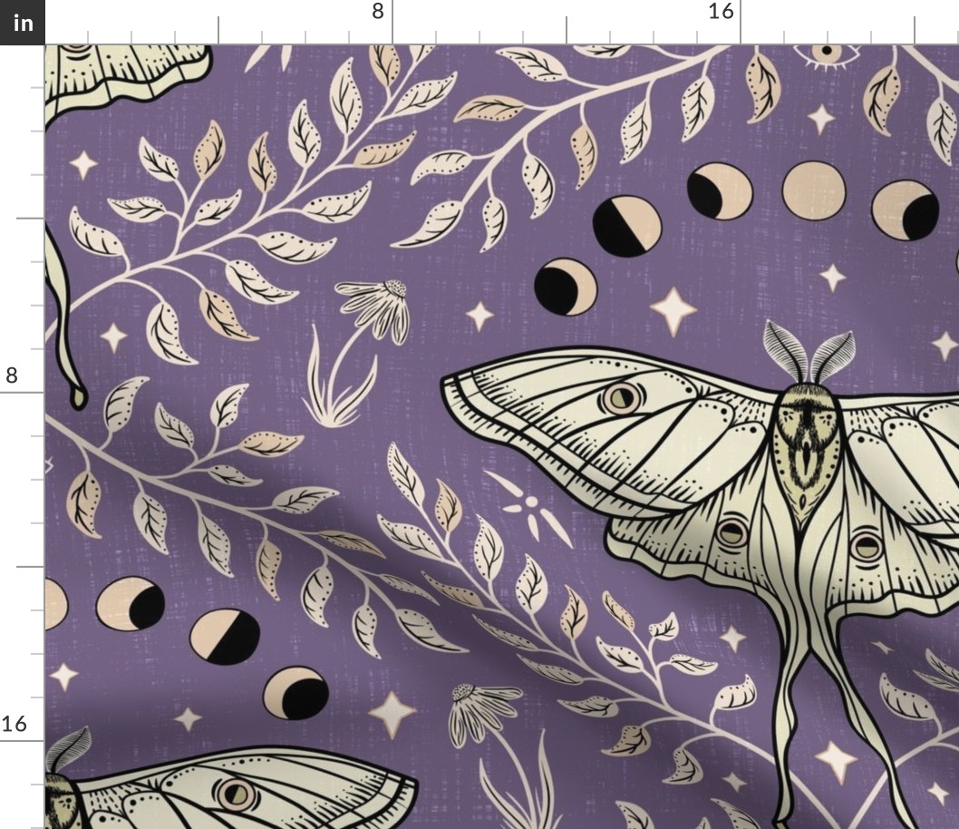 Luna Moths Damask with moon phases - Vintage Lavender purple - large