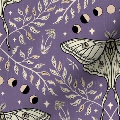 Luna Moths Damask with moon phases - Vintage Lavender purple - medium
