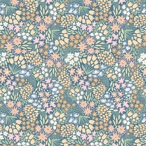 Magical Meadow Calico, Pastel on Denim Blue