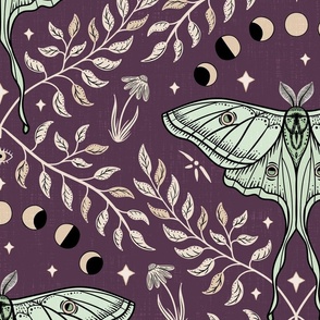 Luna Moths Damask with moon phases - Berry (red-purple, plum) - large