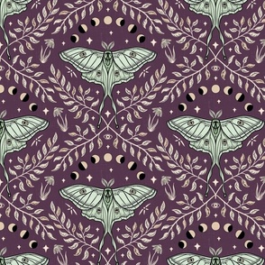 Luna Moths Damask with moon phases - Berry (red-purple, plum) - medium