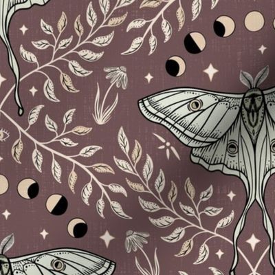 Luna Moths Damask with moon phases - Rose Taupe (Marsala, red-brown) - medium