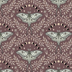 Luna Moths Damask with moon phases - Rose Taupe (Marsala, red-brown) - medium