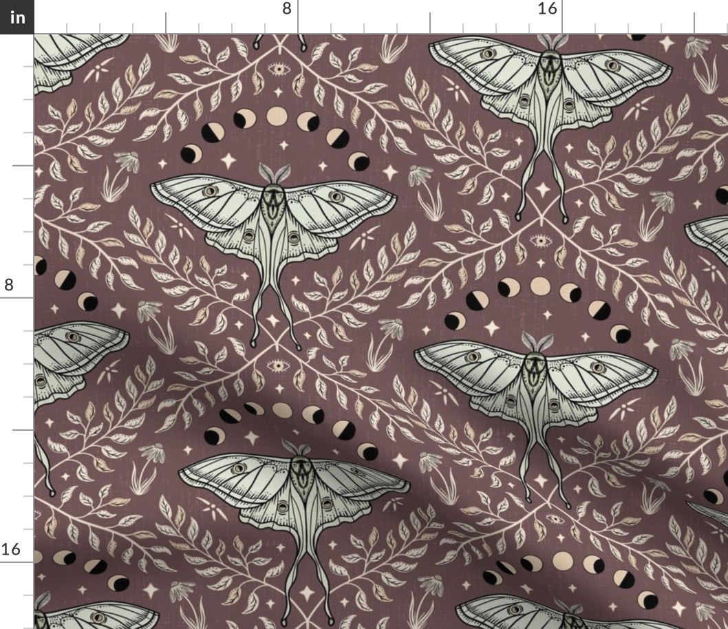 Luna Moths Damask with moon phases - Rose Taupe (Marsala, red-brown) - medium