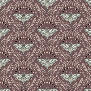 Luna Moths Damask with moon phases - Rose Taupe (Marsala, red-brown) - small