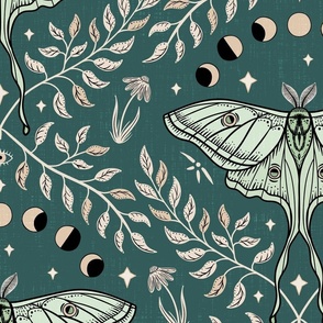 Luna Moths Damask with moon phases - dark teal - large